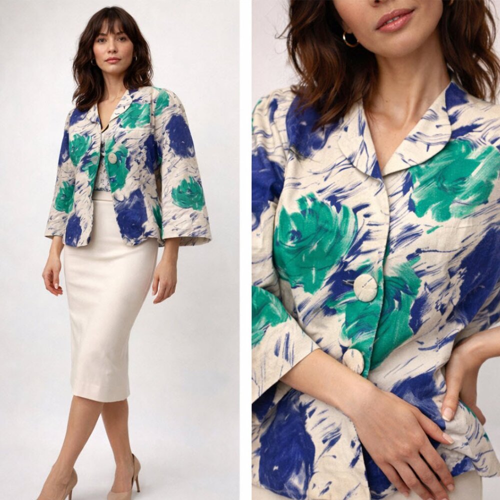 Emmanuelle Khanh Vintage Artistic Brushstroke Linen Blazer Size L